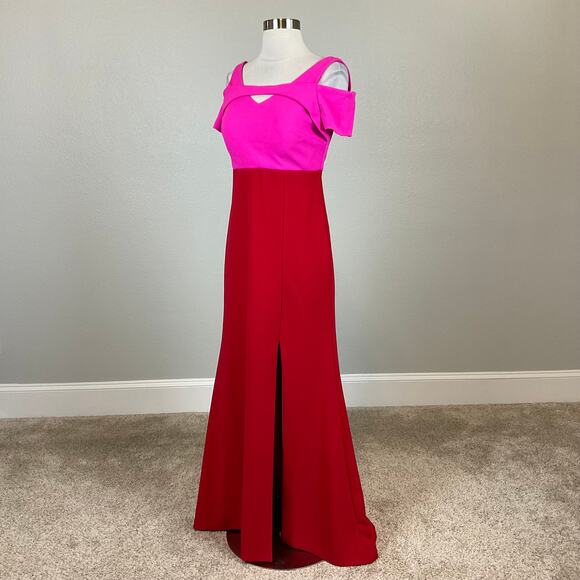 Colorful Cut Out Cold Shoulder Evening Gown Pink and Red Size 6 Nightway Formal - Picture 2 of 13
